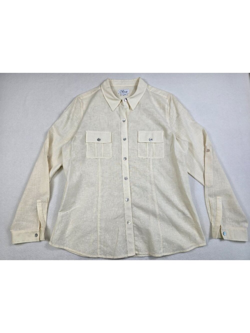 Chaus Womens 12 Off White Button Down Shirt Linen Cotton Blend Front Pocket